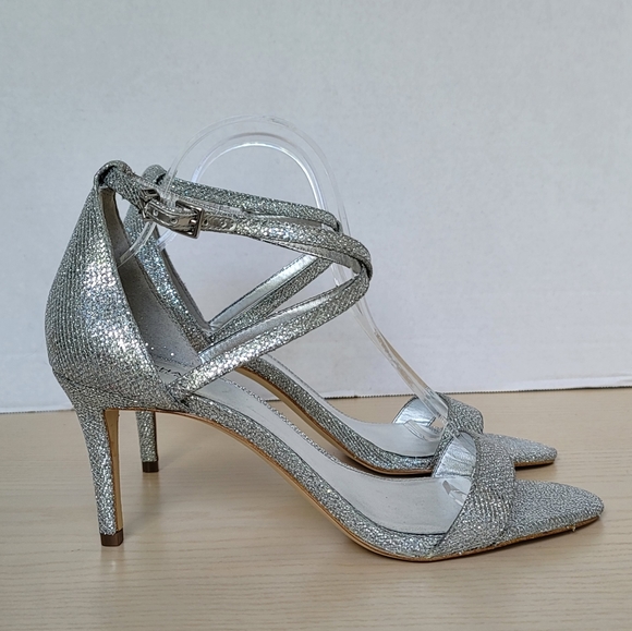Michael Kors Ava Mid Heel Strappy Silver Glitter Sandals Heels PV19H Size 10M - Picture 3 of 16